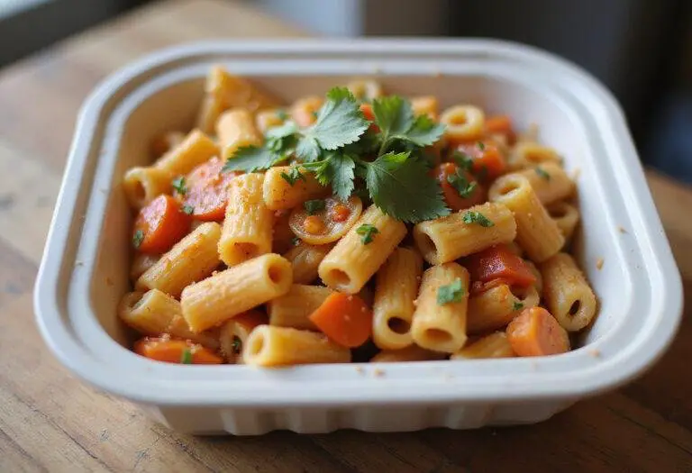 Final easy pasta meal box ready to serve, vibrant and nutritious, perfect for meal prep or a quick dinner.