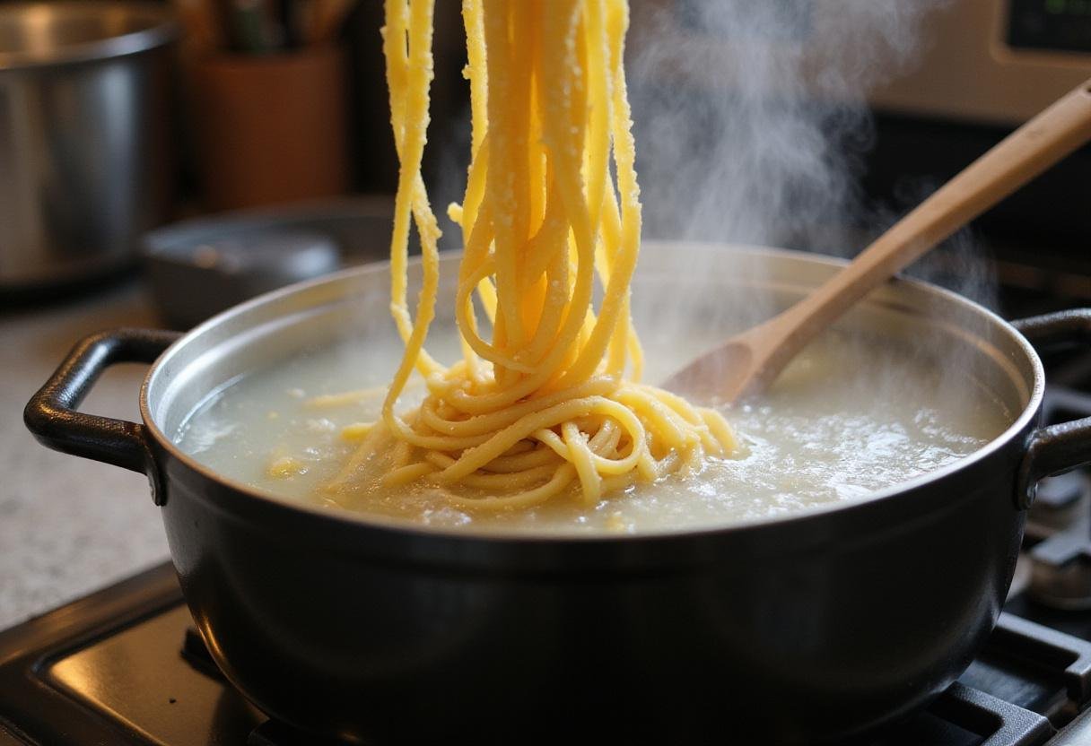 Boiling water for easy pasta meal box, cooking pasta perfectly in a pot, steam rising above water.