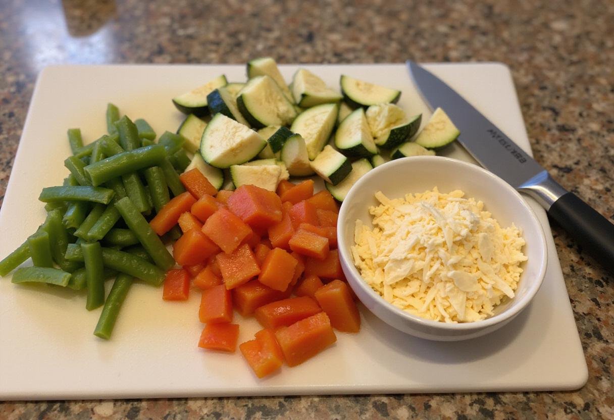 Preparing fresh vegetables for easy pasta meal box, diced bell peppers and zucchini on cutting board, enhancing flavor of pasta.
