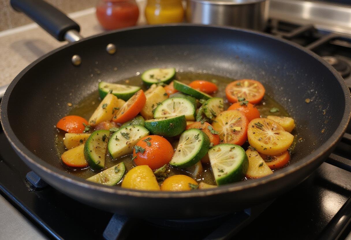 Sautéing seasoned vegetables in a skillet for easy pasta meal box, creating a delicious and quick meal.
