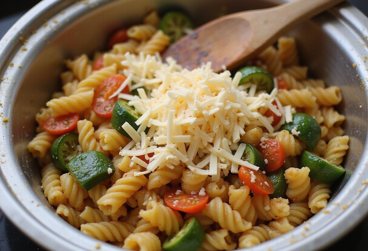 Mixing ingredients in a large bowl for easy pasta meal box, combining pasta, vegetables, and cheese for a scrumptious dish.
