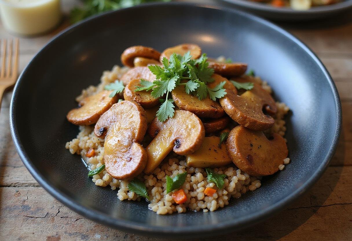 Gourmet dish of elephant ear mushrooms served with sides, capturing the elegance and appeal of this unique mushroom dish.