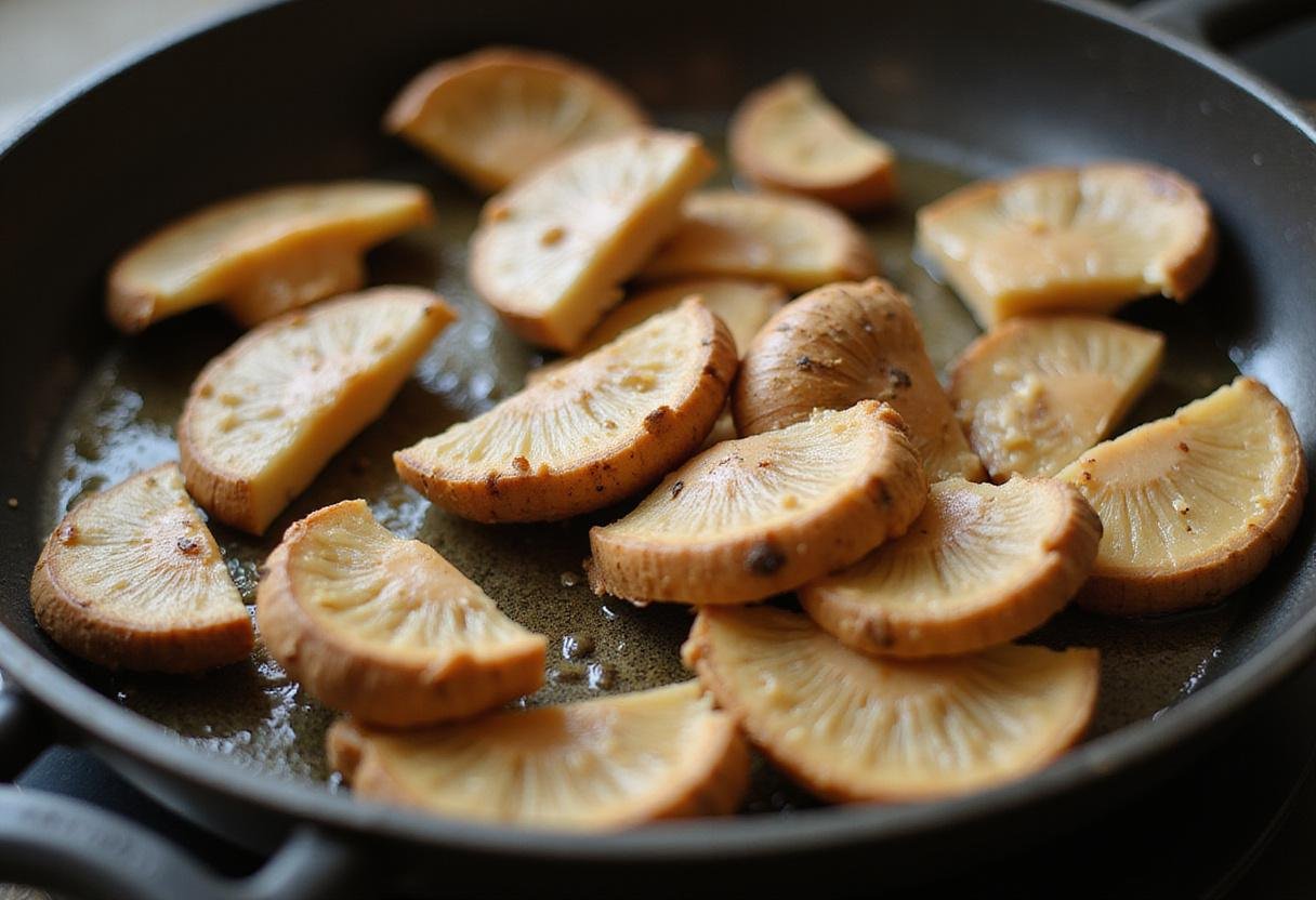 Sliced elephant ear mushroom being prepared in a frying pan, highlighting the delicious culinary qualities of this unique mushroom.