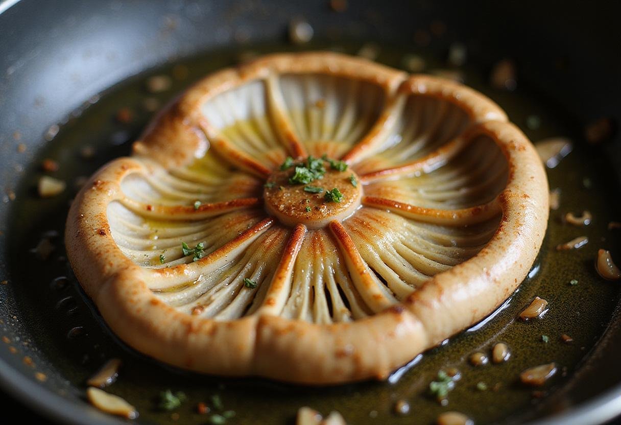 Elephant ear mushroom sautéing in olive oil with herbs and garlic, capturing the savory aroma and delicious cooking process.
