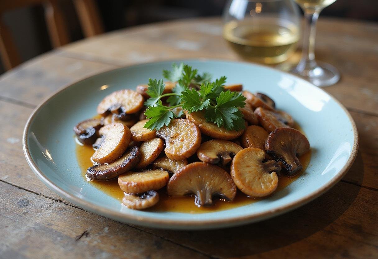 Sautéed elephant ear mushrooms beautifully presented on a plate with parsley garnish, showcasing a rustic dining ambiance.