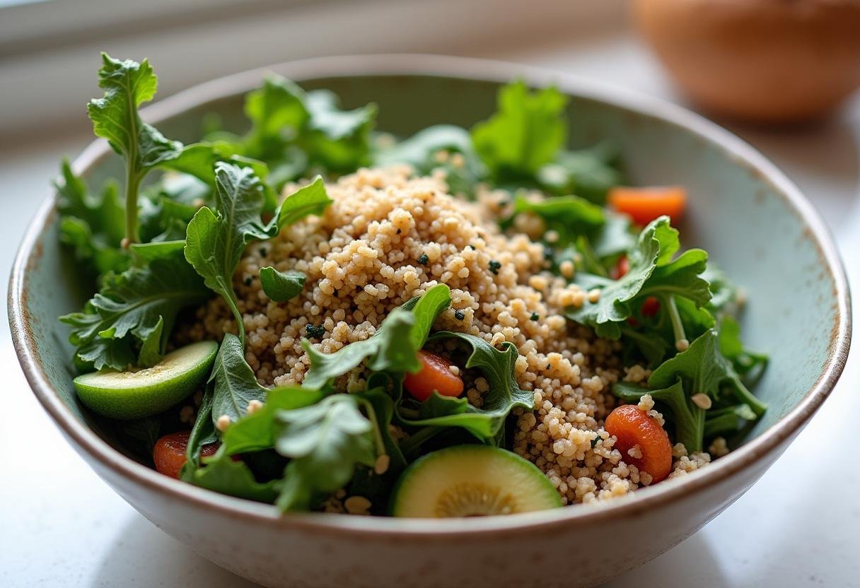 Completed Energizing Green Goddess Bowl, packed with healthy greens and colorful ingredients.