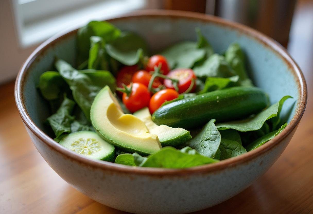 Fresh vegetables like spinach, avocado, and cucumber for an Energizing Green Goddess Bowl.