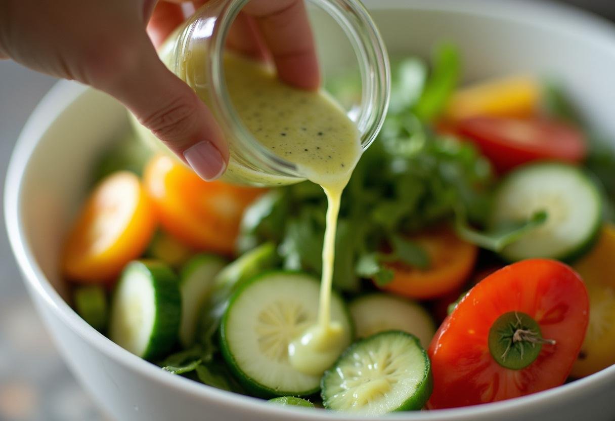 Tossing fresh vegetables with green goddess dressing for a vibrant Energizing Green Goddess Bowl.