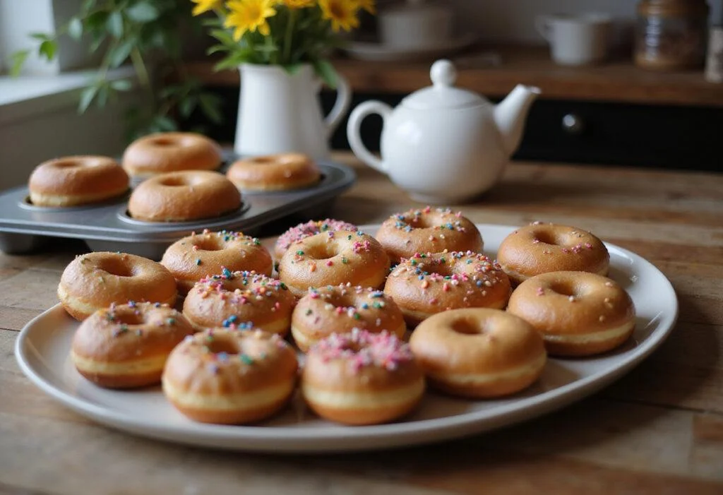 A stunning display of freshly baked donuts on a platter, showcasing the delicious results of using an essential home donut baking pan.