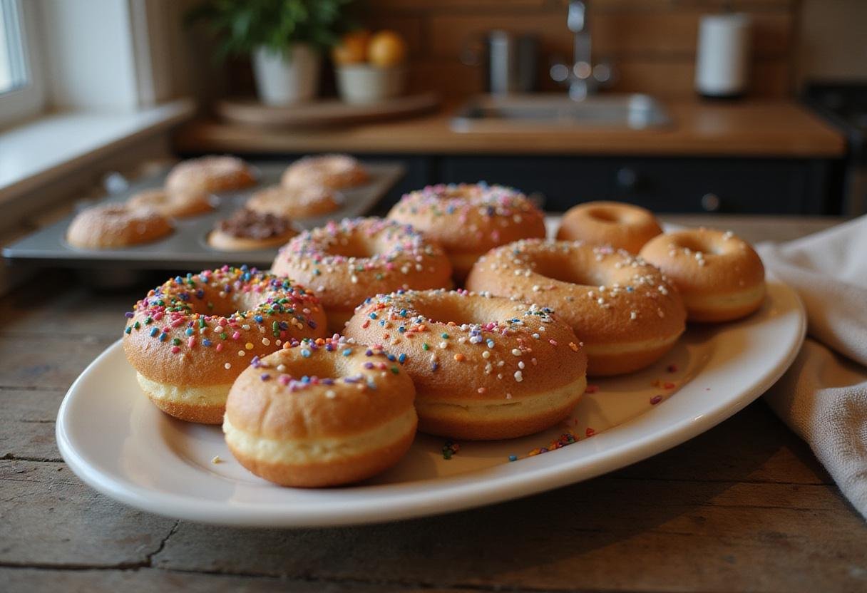 A stunning display of freshly baked donuts on a platter, showcasing the delicious results of using an essential home donut baking pan.