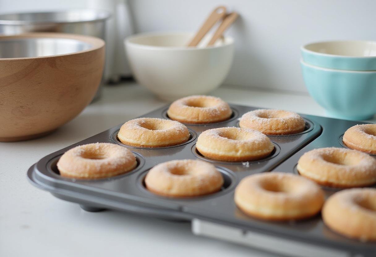 Essential home donut baking tools including a donut baking pan arranged on a counter ready for making delicious donuts.