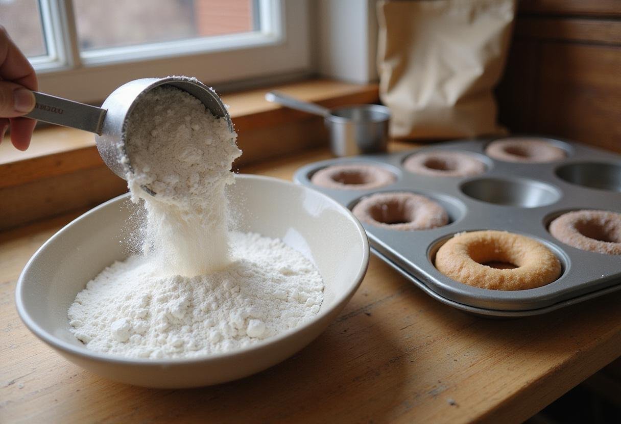 Ingredients for homemade donuts, including flour and sugar, being prepared in a bowl next to a donut baking pan.