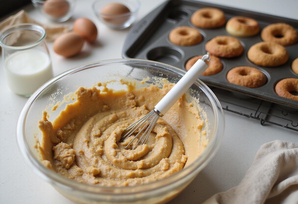 The dough mixture for homemade donuts is being prepared in a bowl next to a donut baking pan, showcasing essential baking steps.