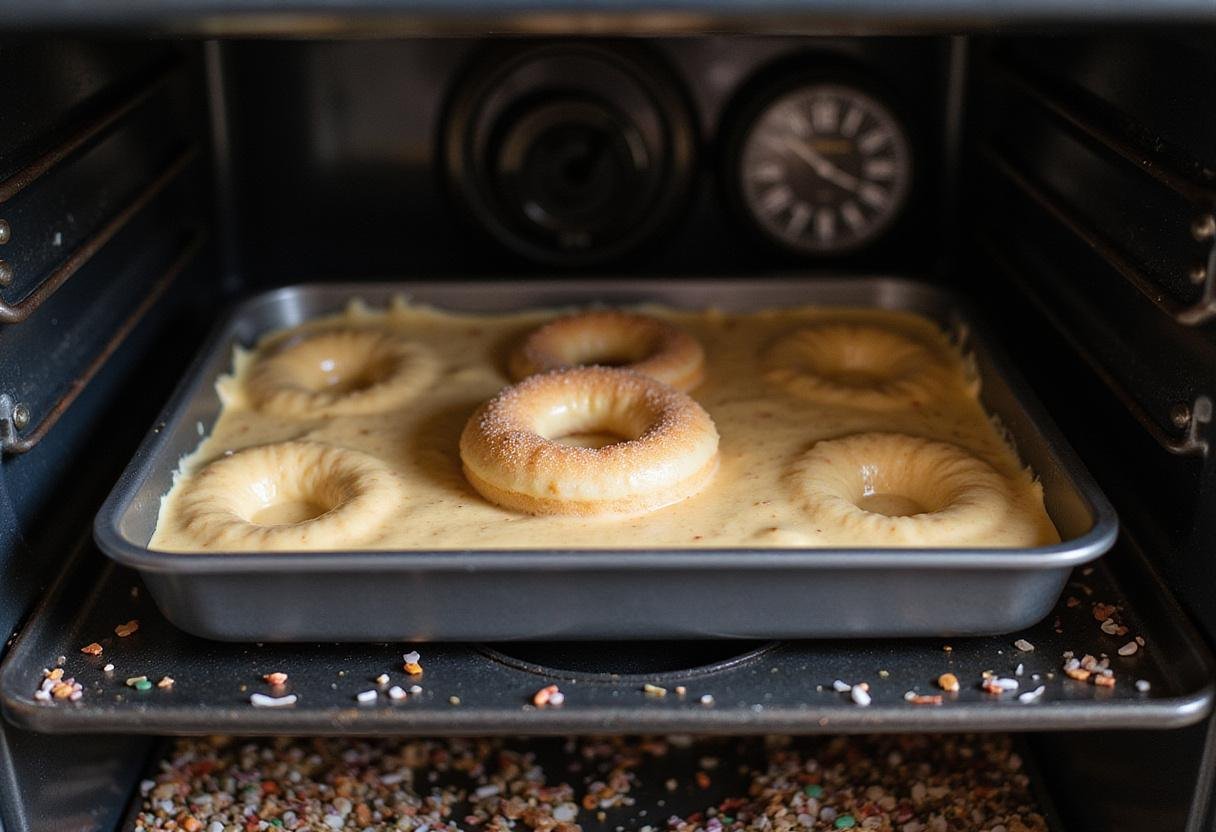A donut baking pan filled with rich batter inside an oven, demonstrating the final stages of baking delicious donuts at home.