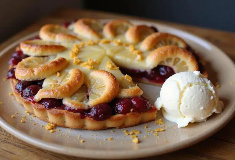 A stunning lemon cherry pie, served with vanilla ice cream, showcasing the perfect dessert for cherry and lemon lovers.