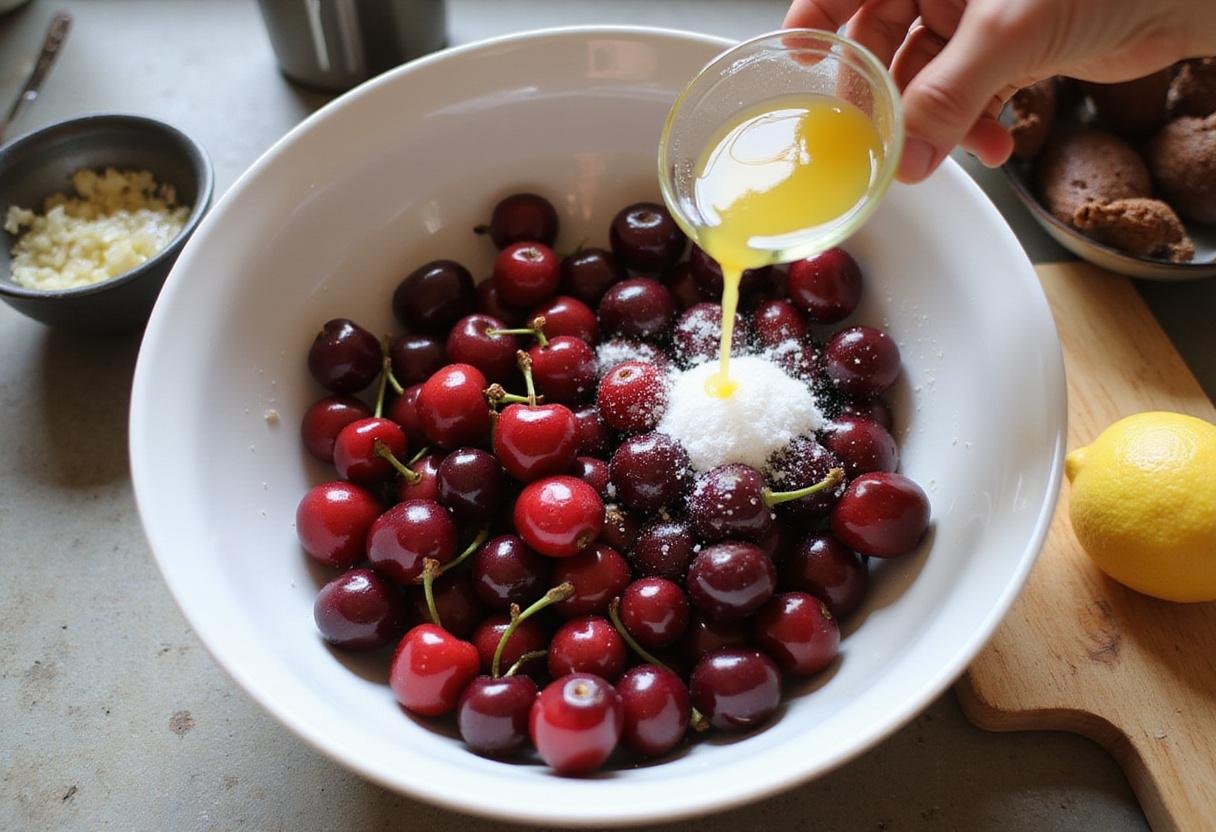 Fresh cherries mixed with lemon juice and sugar for a delicious lemon cherry pie filling.