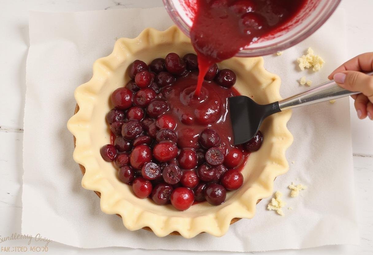 Pouring cherry and lemon filling into a prepared pie crust, creating a sweet and tangy combination for lemon cherry pie.
