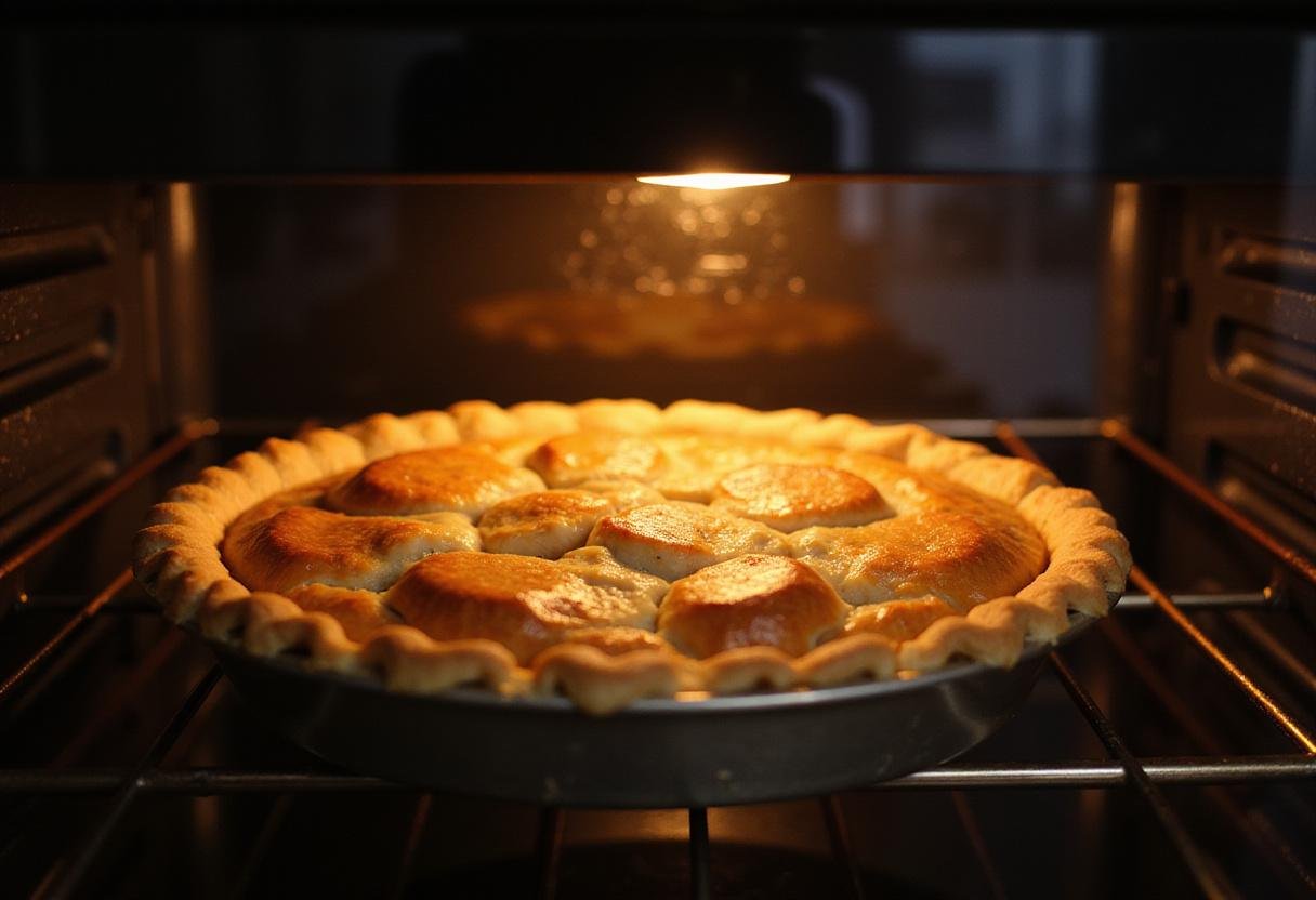 Baking in the oven, a lemon cherry pie transforming into a delicious dessert with a perfectly golden crust.