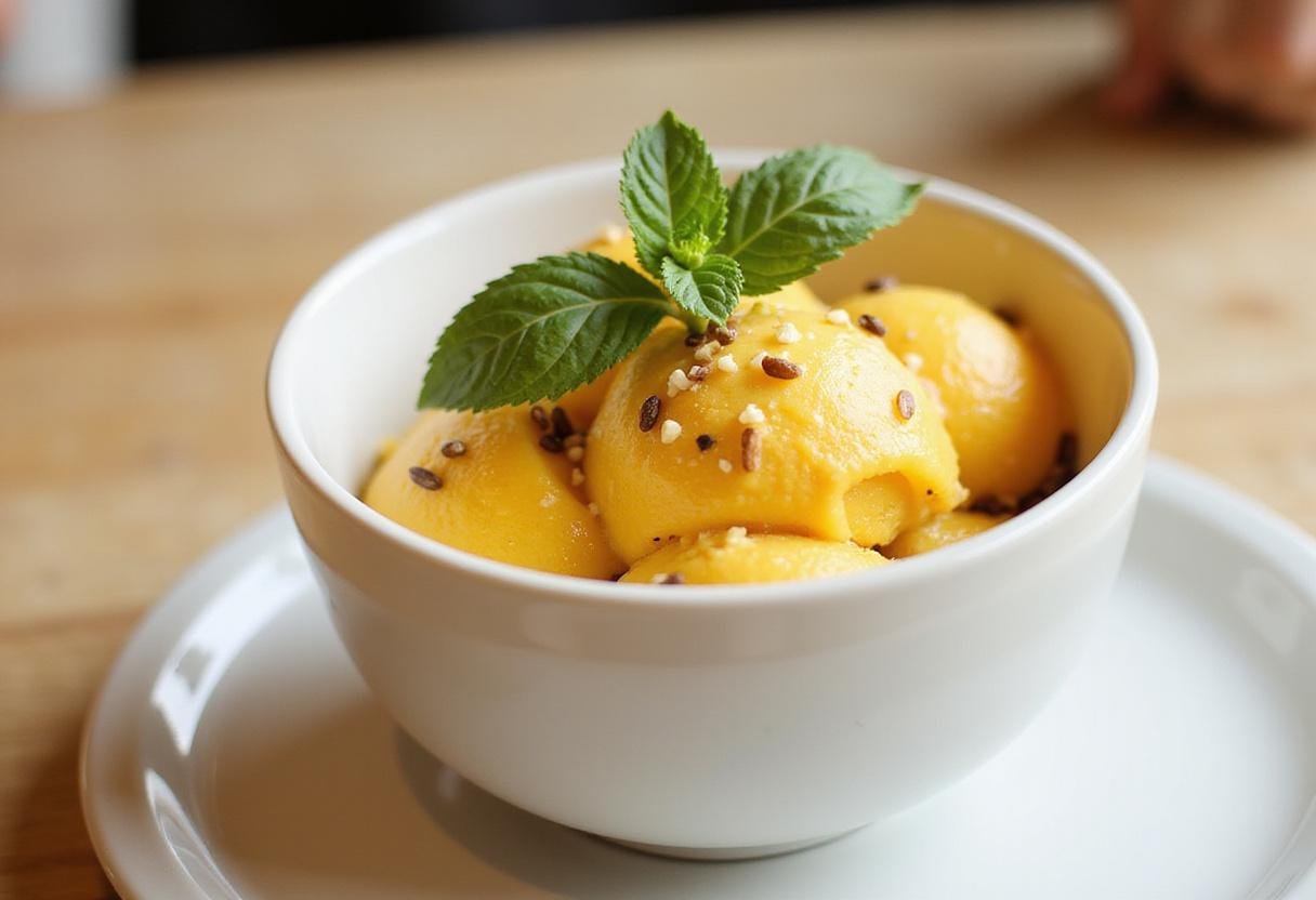 Delicious passion fruit ice cream served in a bowl with mint and seeds, showcasing a perfect tropical dessert experience.