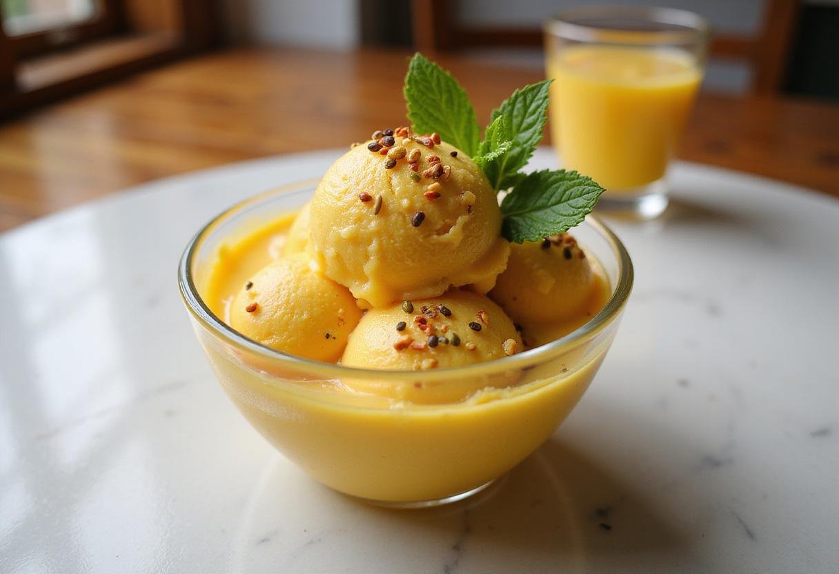 Delicious passion fruit ice cream served in a bowl with mint and seeds, showcasing a perfect tropical dessert experience.