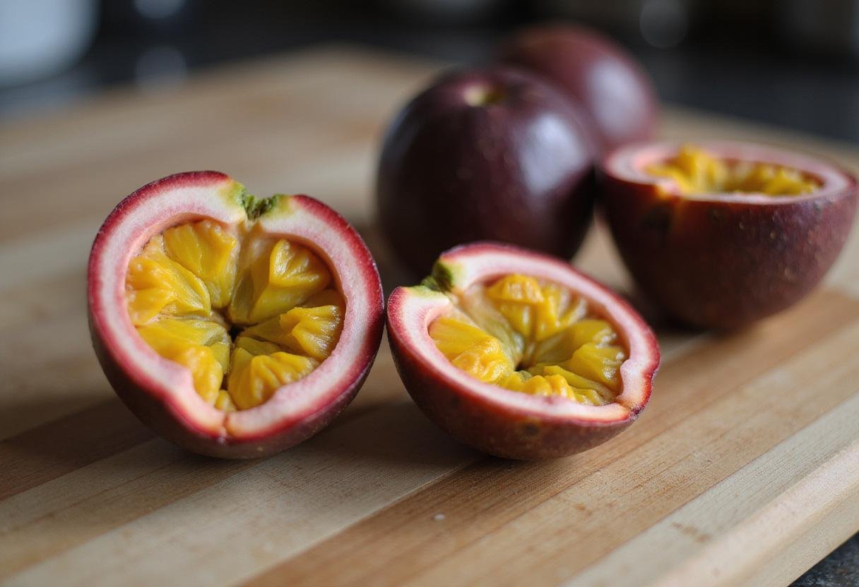 Fresh passion fruits being prepared for passion fruit ice cream, showcasing delicious tropical flavors.