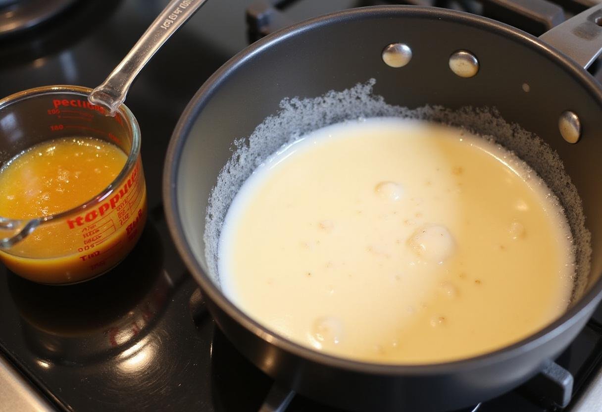 Simmering cream mixture for passion fruit ice cream, highlighting the process of blending tropical flavors.