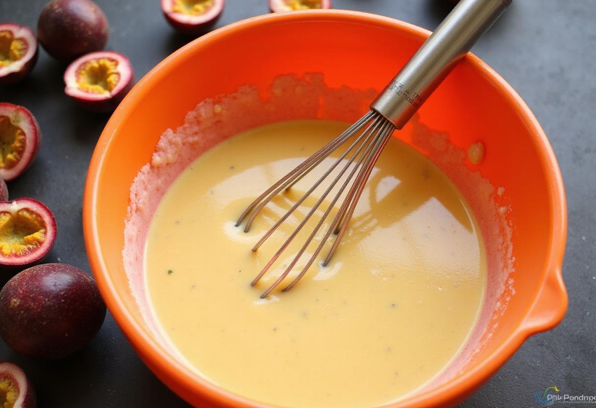 Blended passion fruit and cream mixture in a bowl for making passion fruit ice cream, capturing a delicious tropical treat preparation stage.