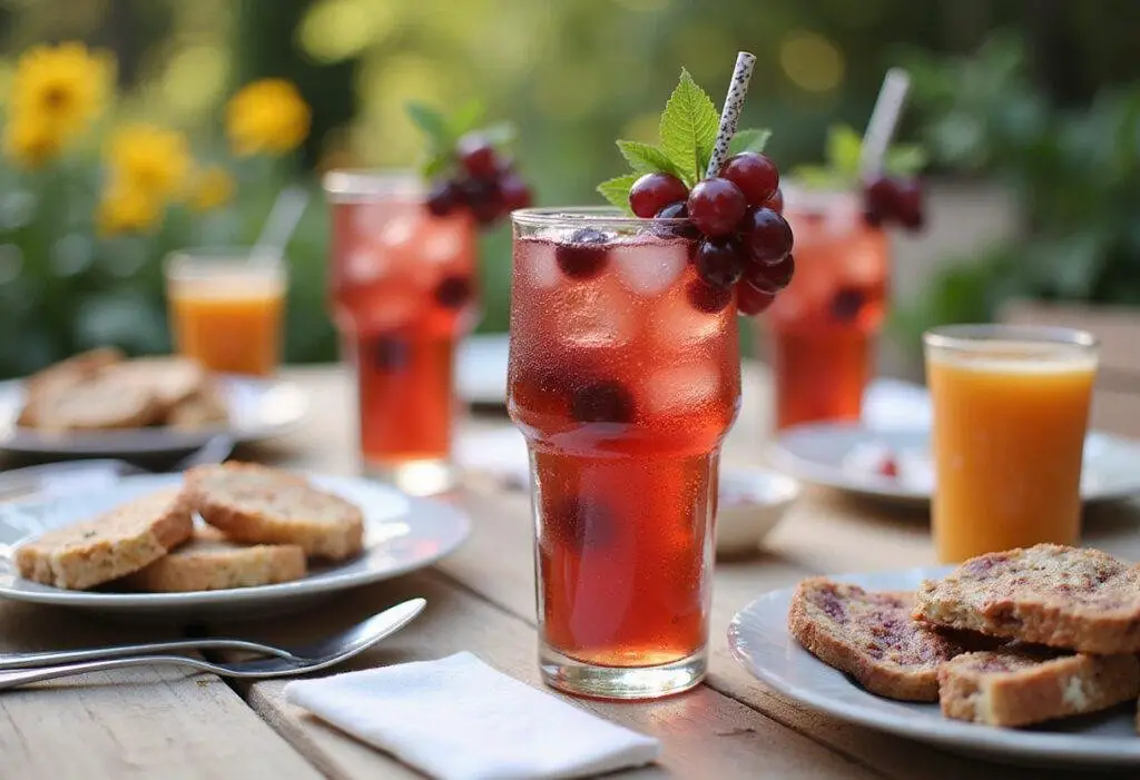 Final presentation of Fanta Grape Soda with garnished glasses and fresh grapes on a beautifully styled table, perfect for summer gatherings.