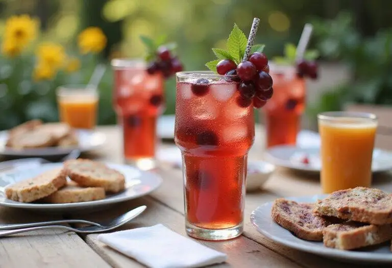 Final presentation of Fanta Grape Soda with garnished glasses and fresh grapes on a beautifully styled table, perfect for summer gatherings.