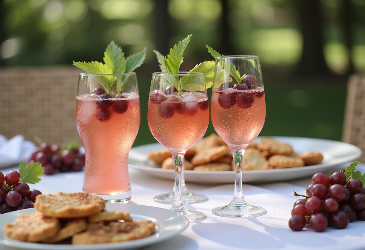 Final presentation of Fanta Grape Soda with garnished glasses and fresh grapes on a beautifully styled table, perfect for summer gatherings.