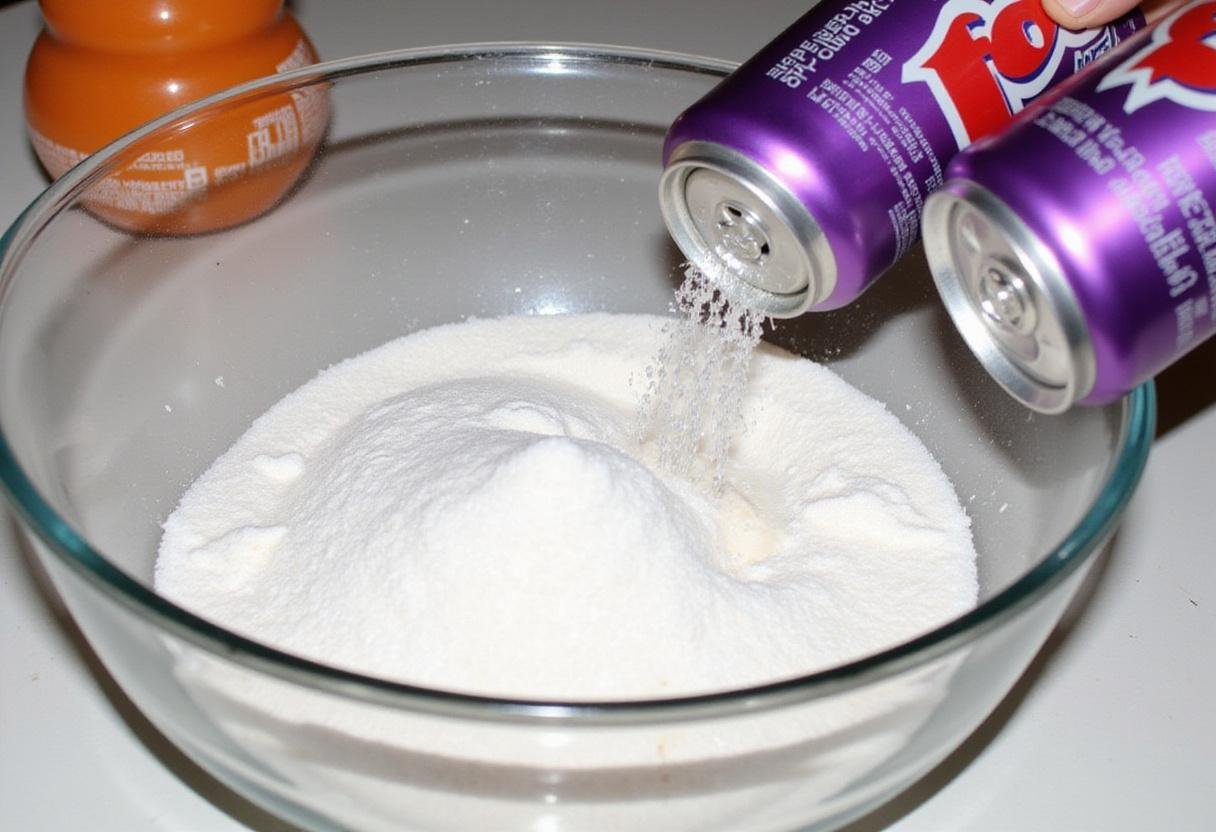Fanta Grape Soda preparation with granulated sugar and bubbling grape soda cans in a bright kitchen setting.