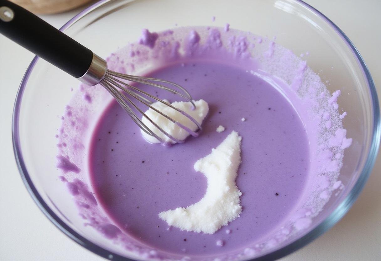 Mixing syrup for Fanta Grape Soda with a whisk in a kitchen setting, showcasing a thick, vibrant grape mixture.