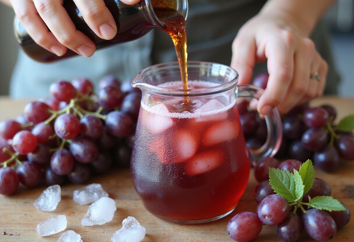 Pouring grape syrup into a pitcher for Fanta Grape Soda, surrounded by fresh grapes and ice in a refreshing kitchen environment.