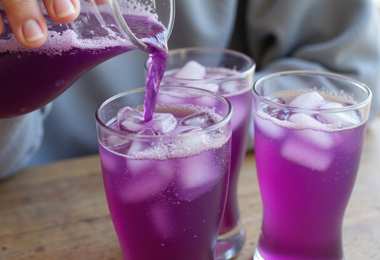 Serving Fanta Grape Soda in tall glasses over ice, with bubbles and a vibrant purple color emphasizing freshness.