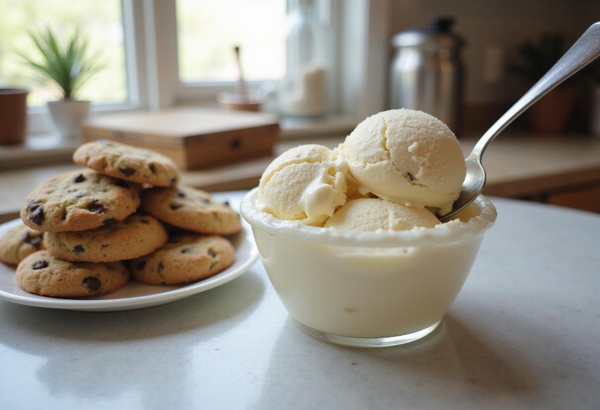 Preparing a delicious fat boy ice cream sandwich with creamy vanilla ice cream and soft chocolate chip cookies in a sunny kitchen.