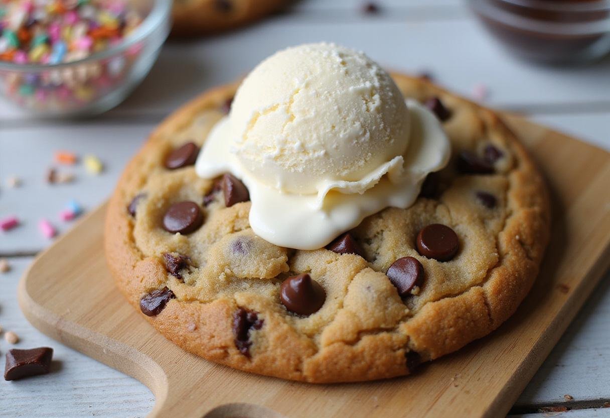Building a fatboy ice cream sandwich by placing rich vanilla ice cream on a freshly baked cookie, surrounded by tasty toppings.