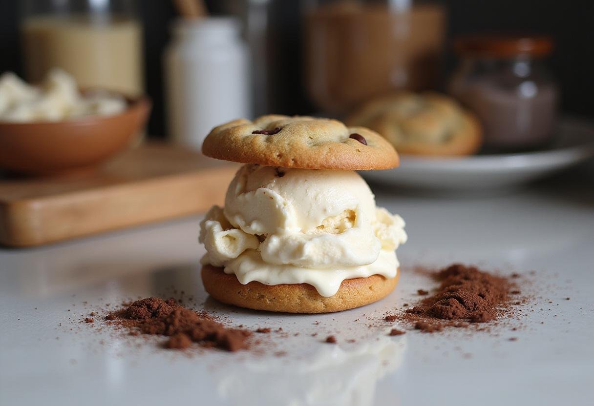 Assembling the fat boy ice cream sandwich by adding a chocolate chip cookie on top of the ice cream, in a warm kitchen ambiance.
