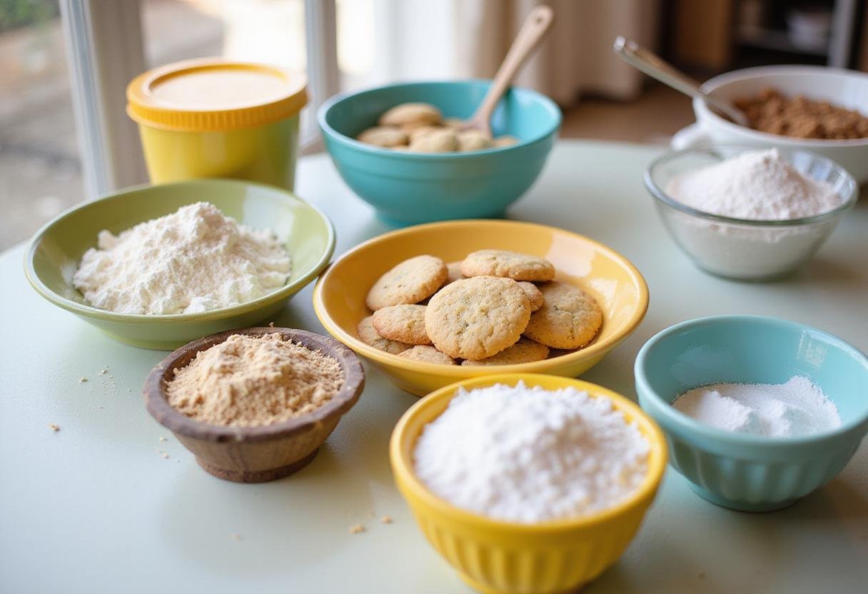 Preparing the ingredients for a festive sugar cookie decorating kit, featuring flour, sugar, and baking powder on a kitchen counter.