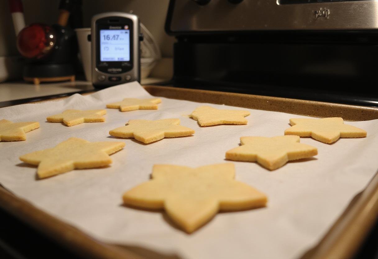 Placing shaped sugar cookie dough on a baking sheet, preparing to bake delicious sugar cookies for the festive season.