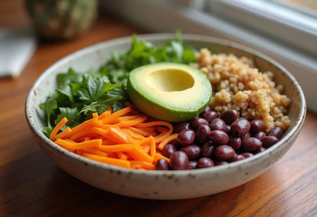 Finished Fiber Filled Grain Bowl loaded with nutritious ingredients for a healthy meal.