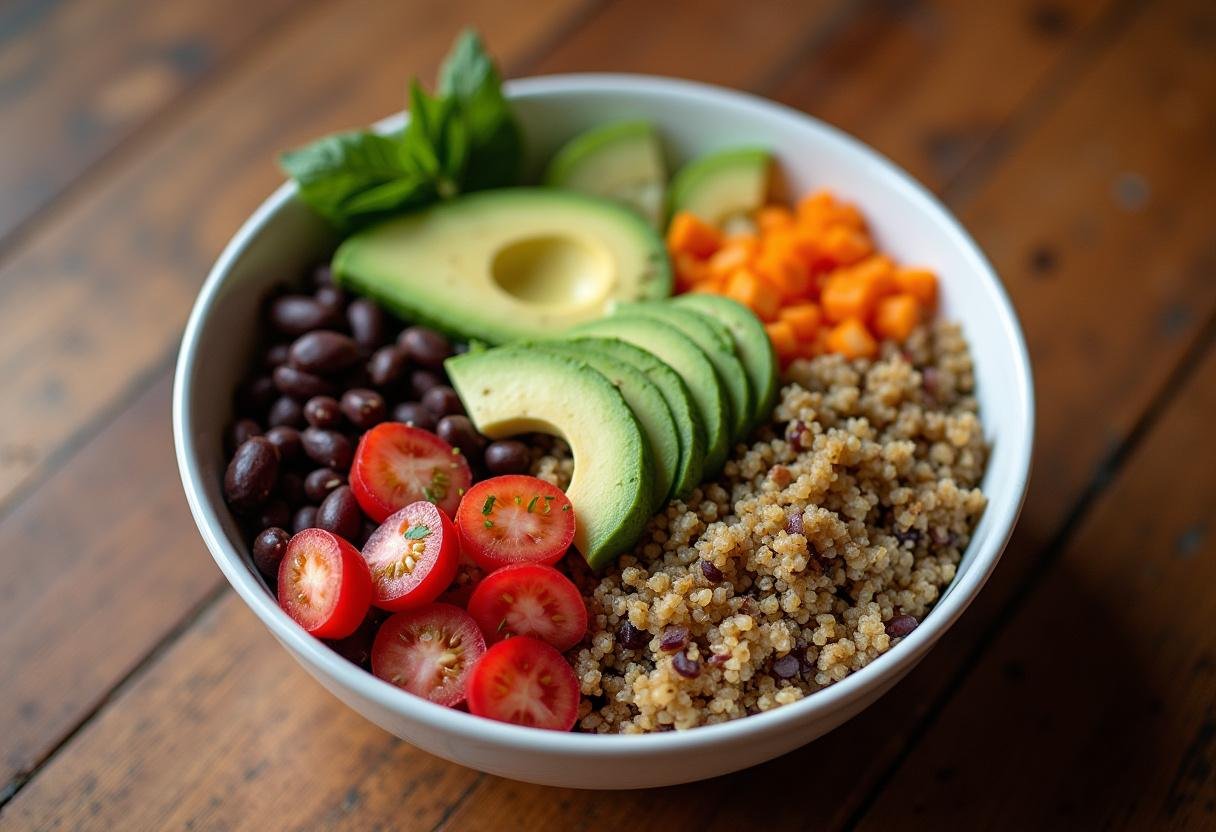 Finished Fiber Filled Grain Bowl loaded with nutritious ingredients for a healthy meal.