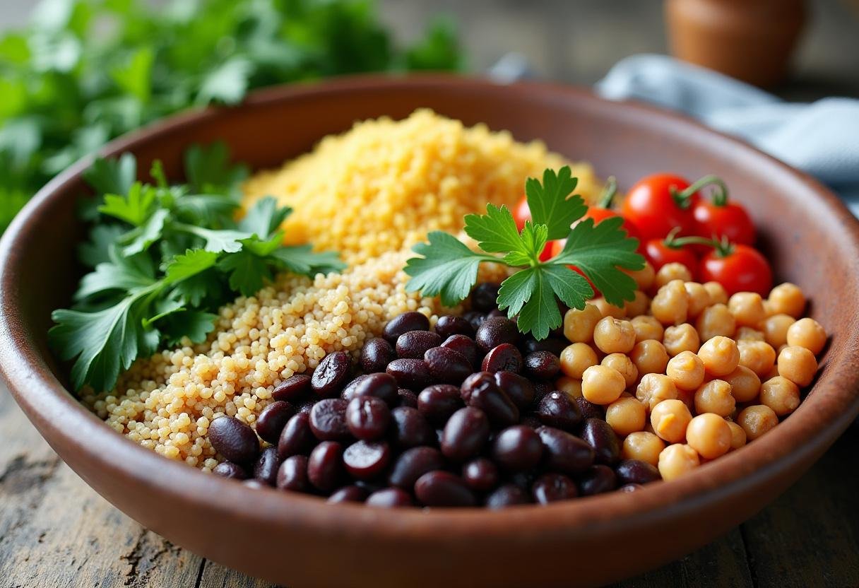 Colorful grains and legumes prepared for a Fiber Filled Grain Bowl.