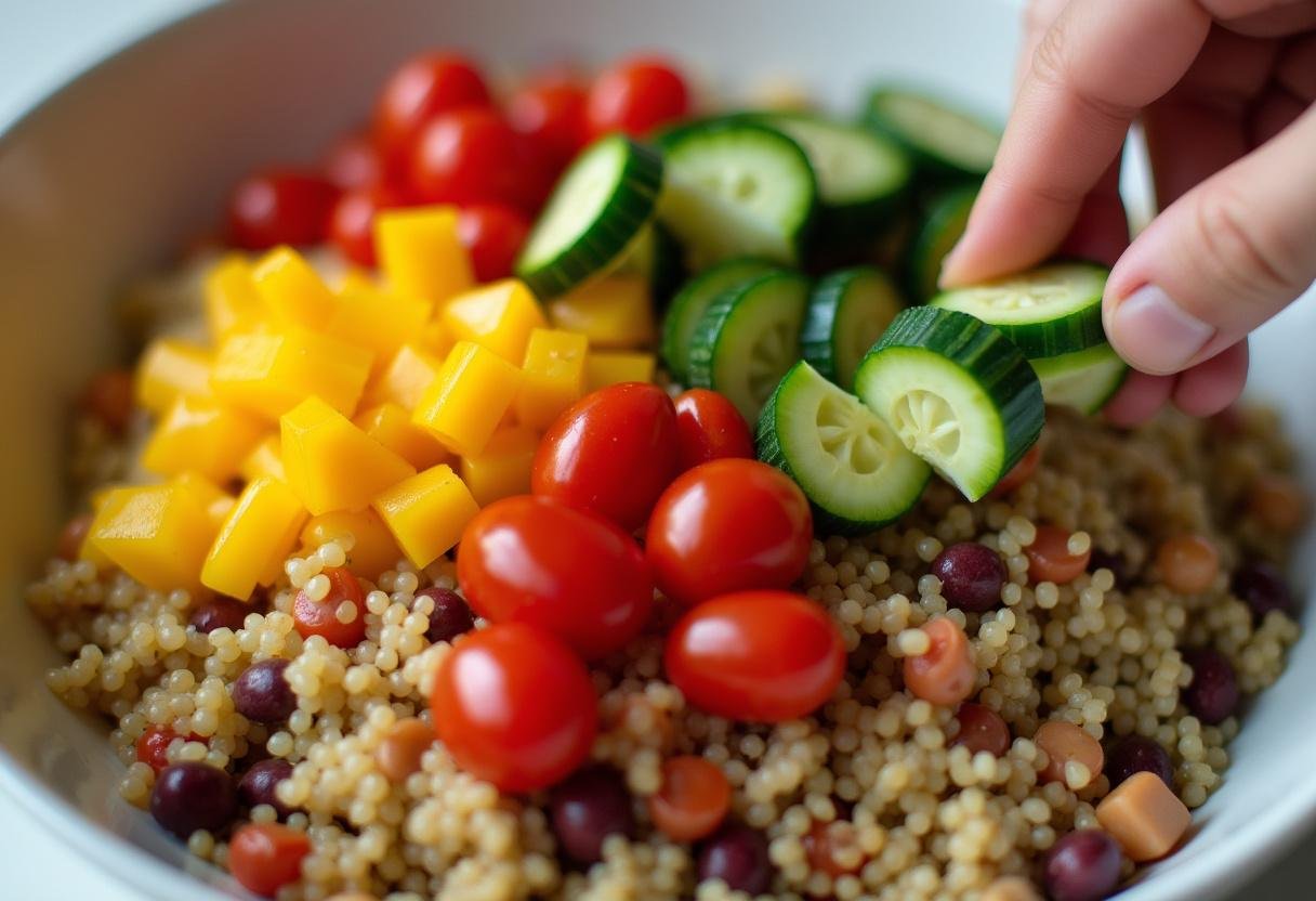 Fresh vegetables being added to the Fiber Filled Grain Bowl for a nutritious boost.