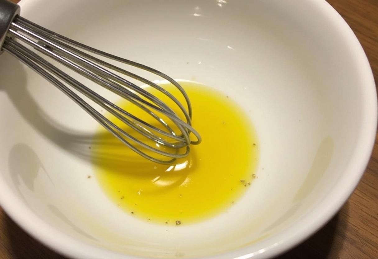 Homemade dressing prepared for drizzling over the Fiber Filled Grain Bowl.