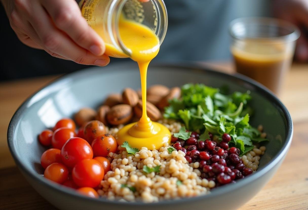 Dressing being added to the Fiber Filled Grain Bowl, enhancing its flavors.