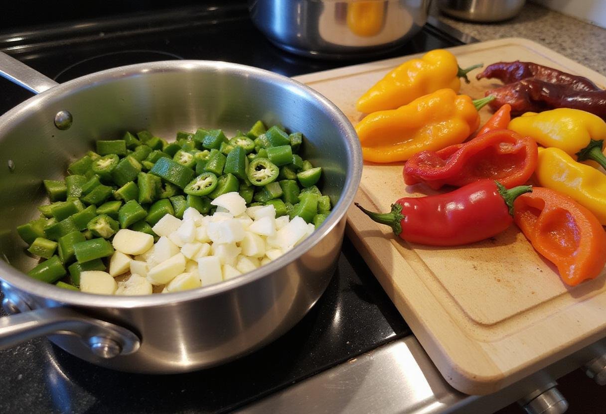 Chopped fresh chili peppers and garlic in a pot, perfect for a hot sauce recipe.