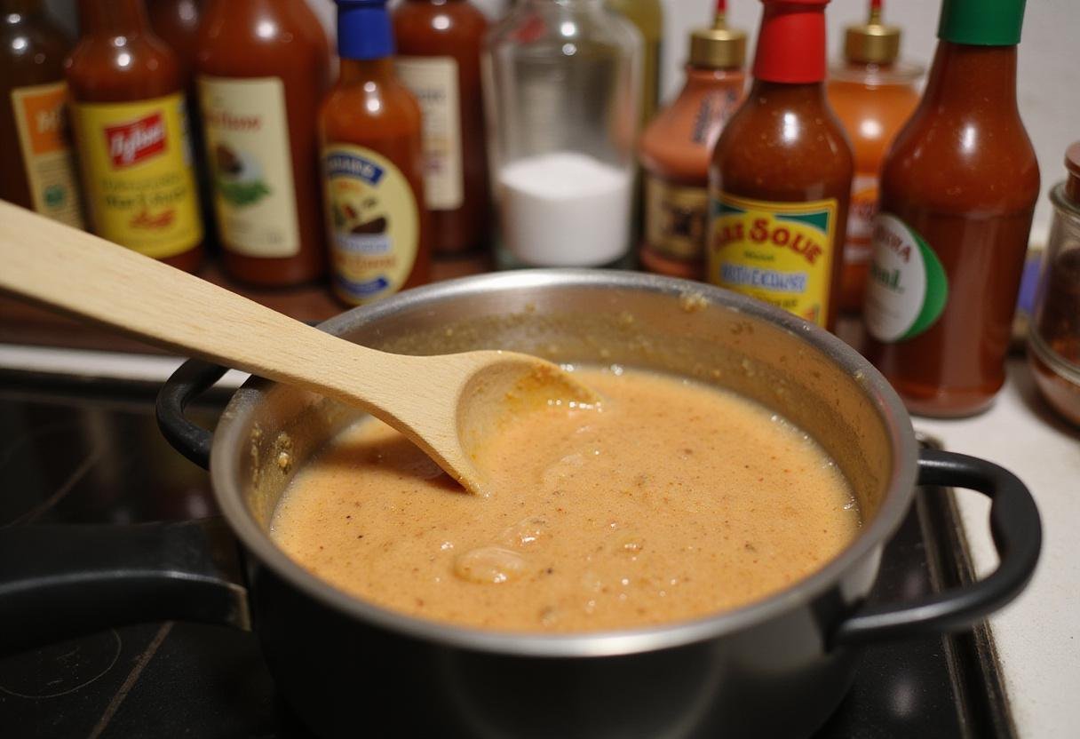 Stirring a bubbling mixture of chili peppers and garlic, essential step in a hot sauce recipe.