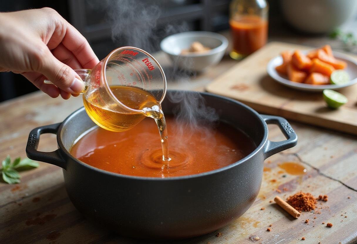 Adding vinegar to the spicy mixture, key ingredient in creating a homemade hot sauce recipe.
