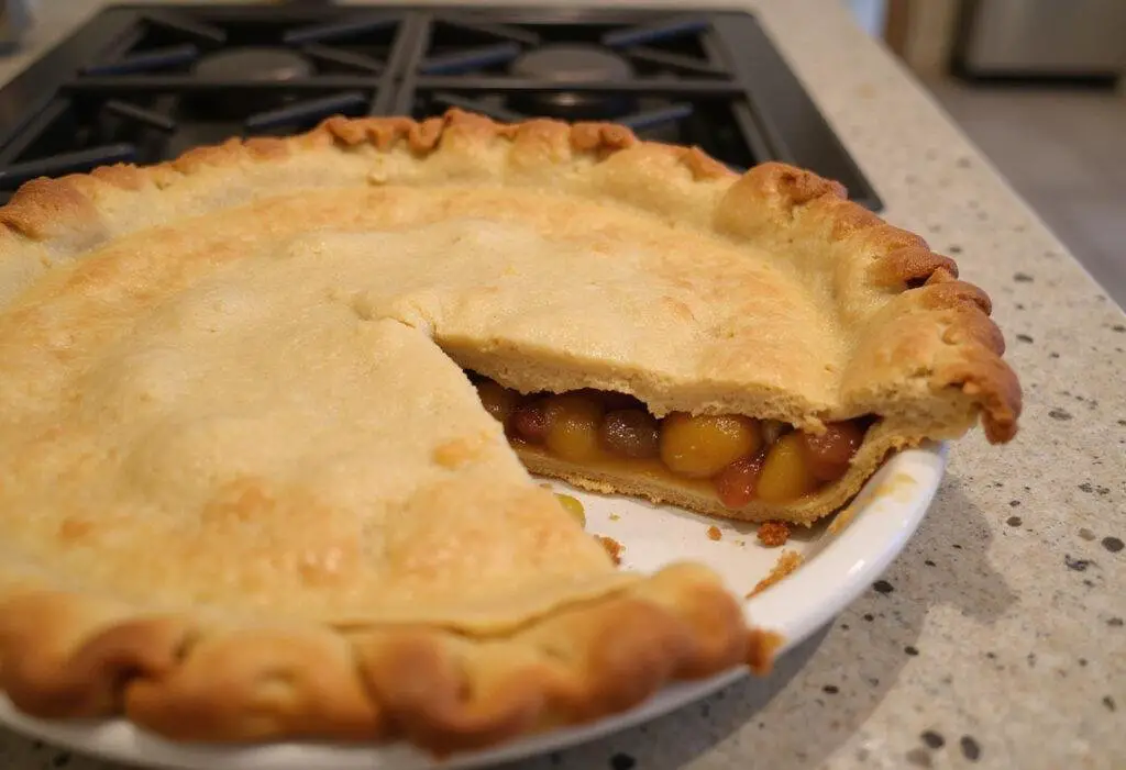 Final presentation of a flaky homemade pie crust, ready to be enjoyed with delicious filling.