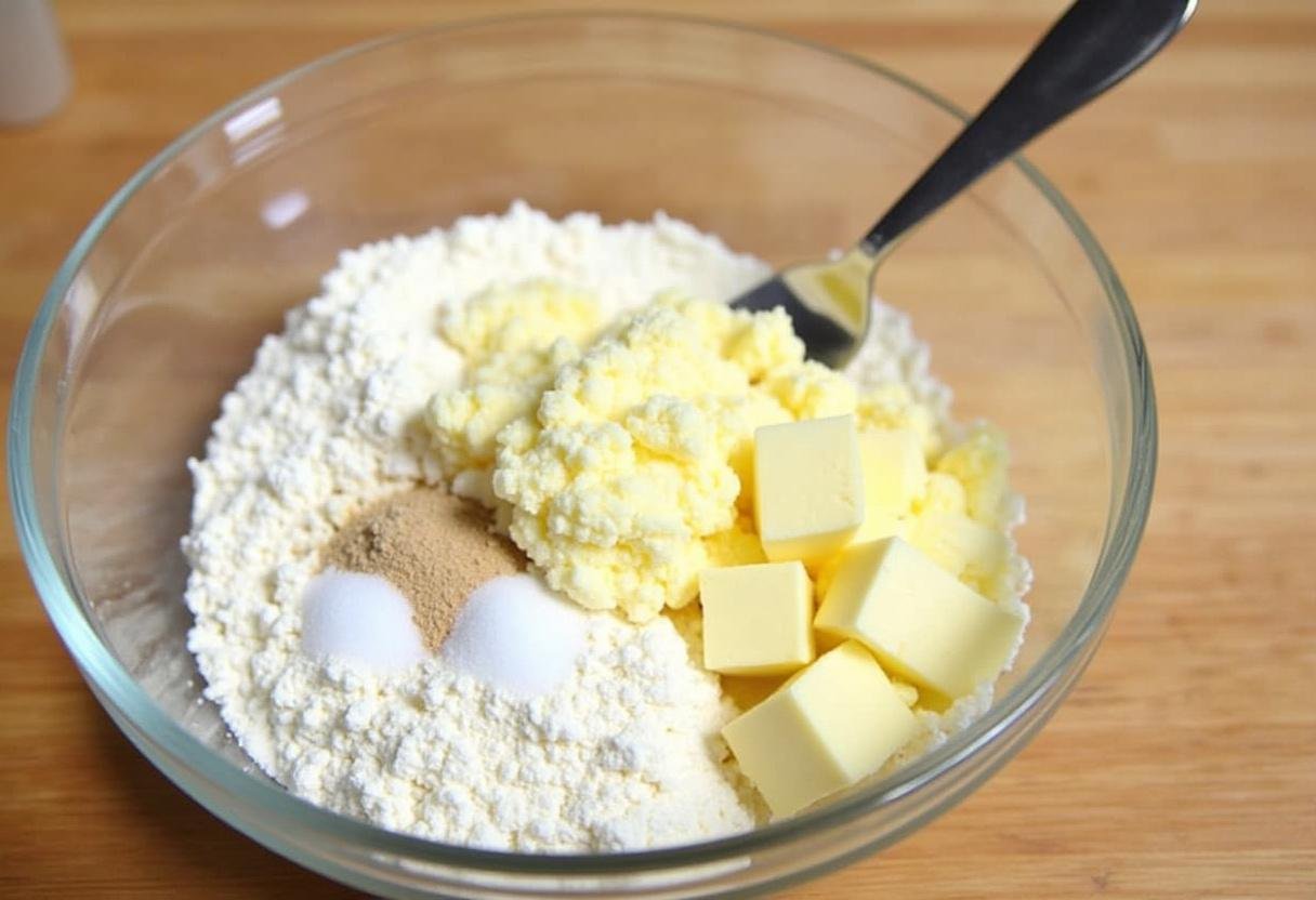 Creating a flaky pie crust recipe with flour, salt, and butter mixed in a bowl.